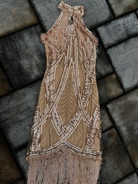 BABEYOND Women's Sequin Fringe Vintage 20s Dress Med Beige Champagne Costume
